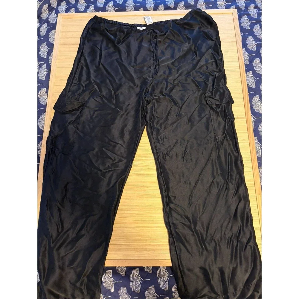 Amelia's Collection 100% Silk Cargo Pants Women's L Black Wide Leg
